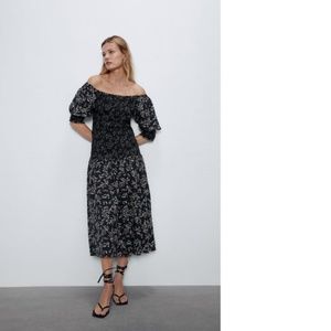 ZARA Women's Black Printed Smocked Off the Shoulder Midi Dress - Small